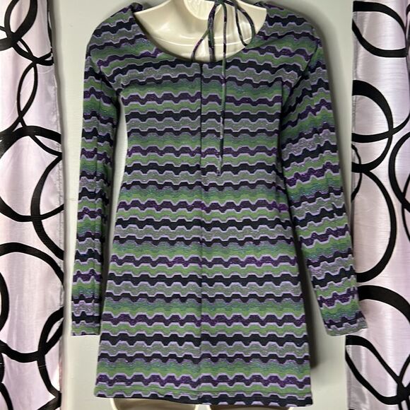 Vintage 90s Zara Green Purple Metallic Geo Striped Cutout Mini Dress Size M - Picture 7 of 11